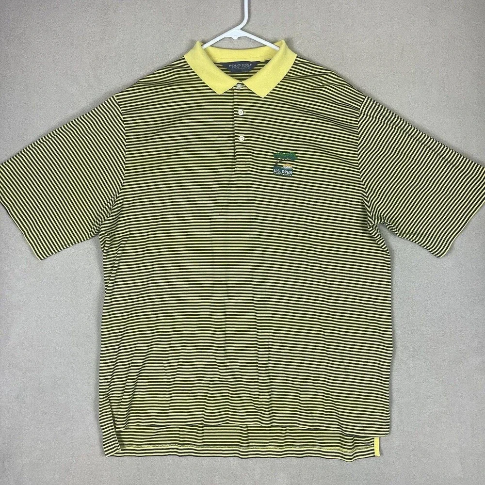 Ralph Lauren Polo Golf Polo Shirt‎ Mens XL Yellow Striped 2008 US Open Logo